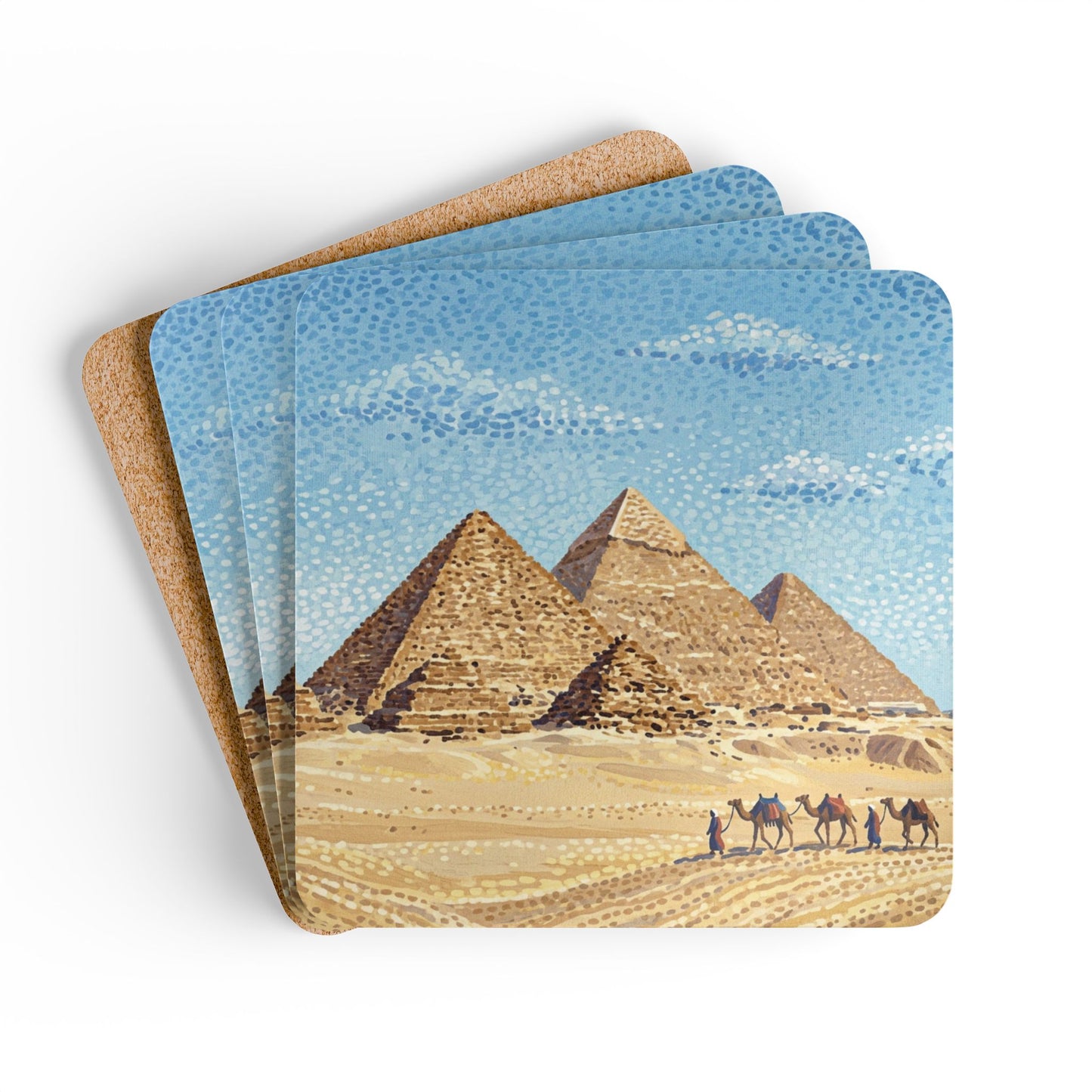 Egypt Pyramid Cork Coaster Set — Desert Camel Caravan Drink Coasters