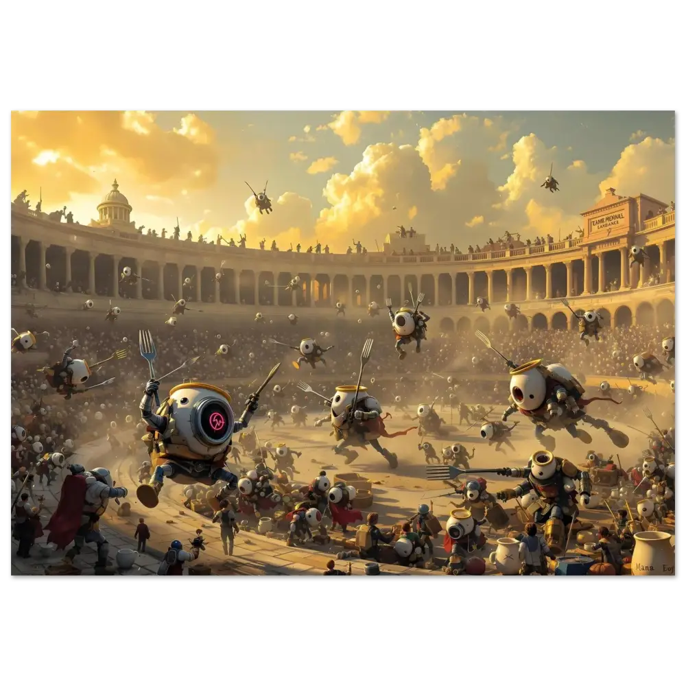 Robotic arena battle scene from Aluminum Bot Arena Print Battle of the Breakfast Bots
