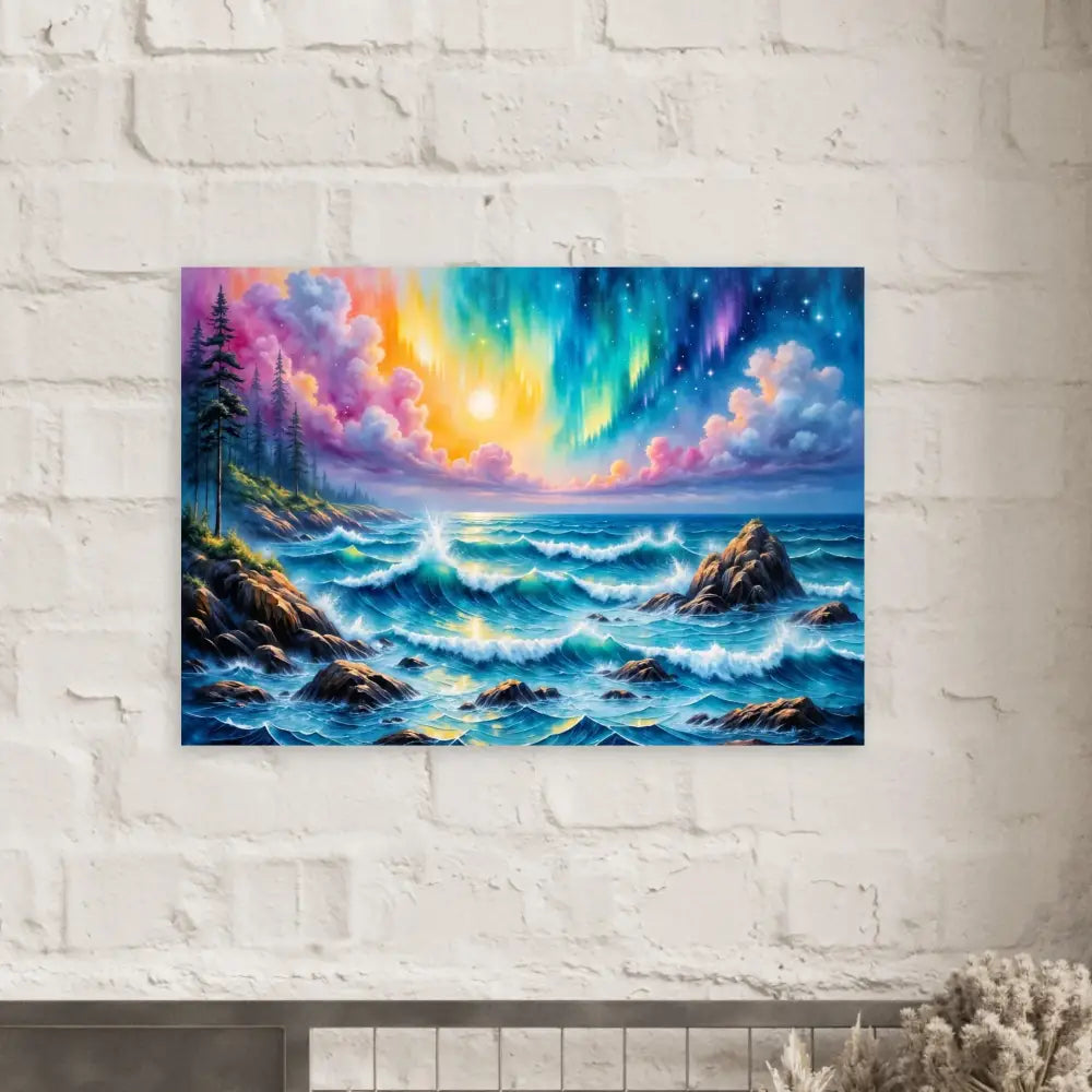 Vibrant aurora borealis over rocky ocean and forested coast on Celestial Tide Aurora Metal Wall Art