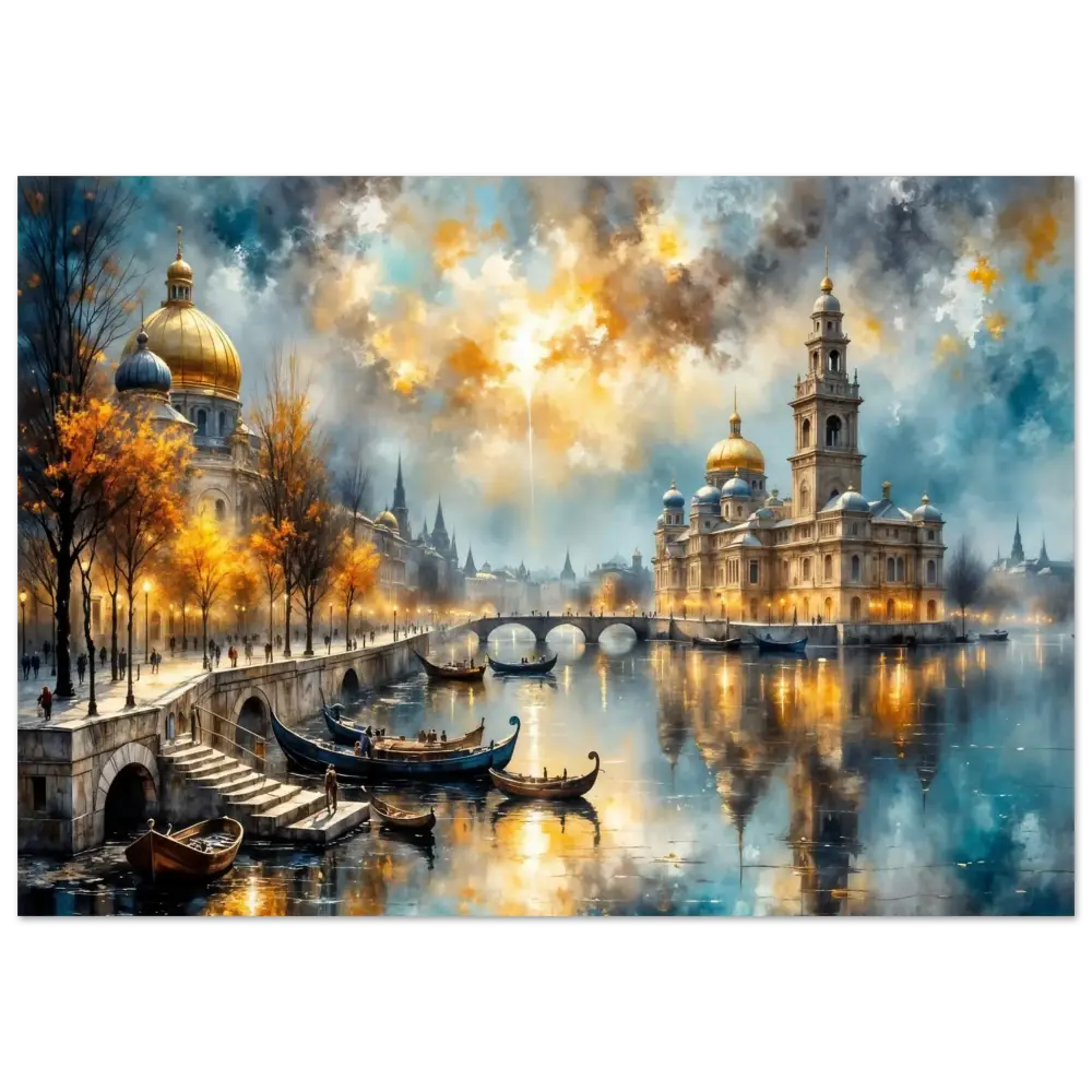 Aluminum Print showcasing a radiant riverside fantasy with domed cityscape at sunset