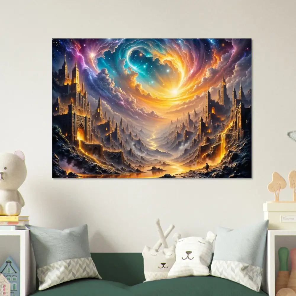 Vibrant fantasy landscape canvas print featuring eclipsed citadel glow and swirling sky