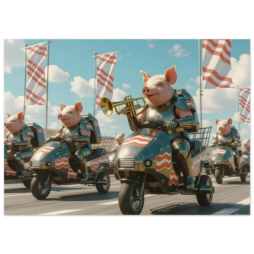 Patriotic pig parade depicted in Tactical Pig Parade poster by PixiOnyx Wall Art