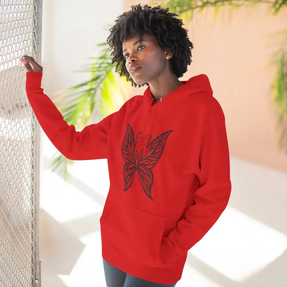 Red fleece hoodie with black butterfly design, perfect for fall fashion and casual wear