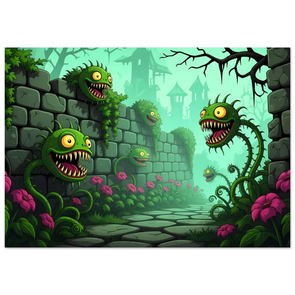 Cartoonish carnivorous plants featured on Fine Art Poster Grinvine Grove PixiOnyx print