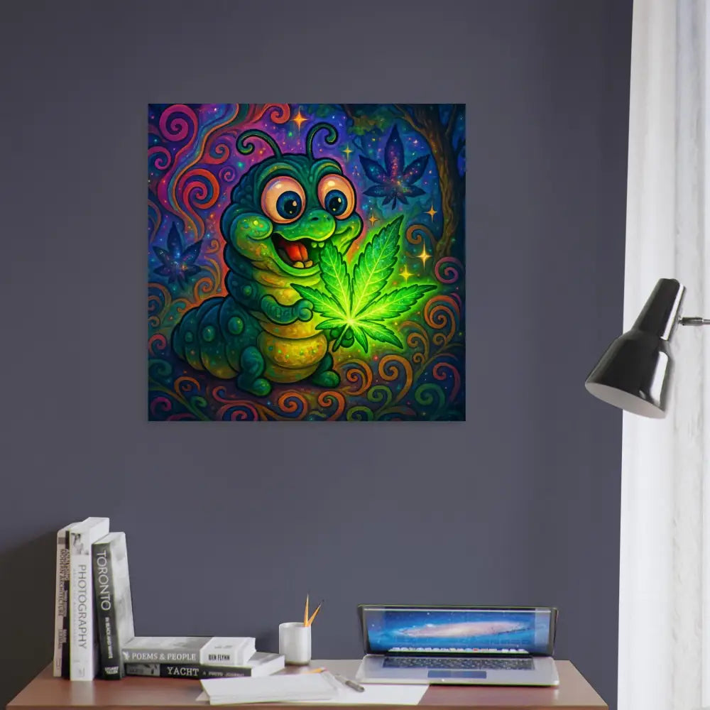 Cartoon caterpillar holding a cannabis leaf for PixiOnyx Psychedelic Decor poster
