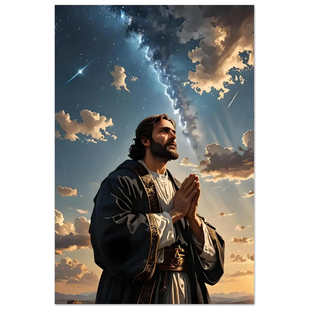 Man praying under a dramatic sky as part of Fine Art Poster Prayer to the Cosmos PixiOnyx