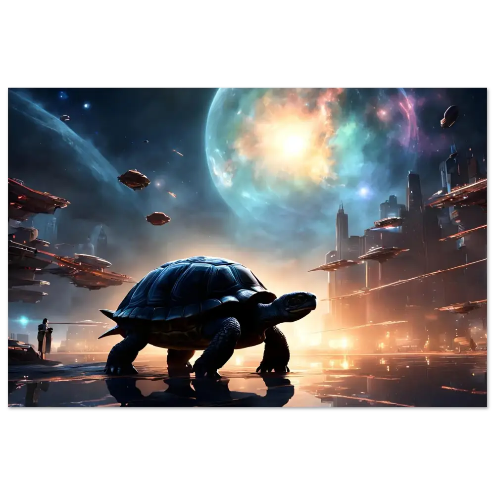 Sci-fi turtle artwork on Framed Cosmic Voyager Poster Starship Stillness Wall Display