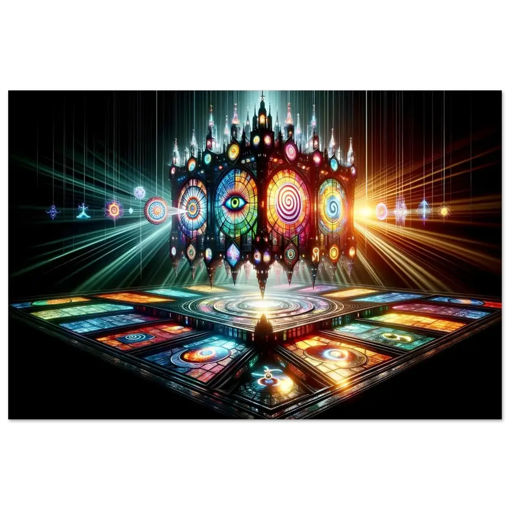 Ornate stained-glass cathedral structure from Framed Visionary Cathedral PixiOnyx Light Shrine Print