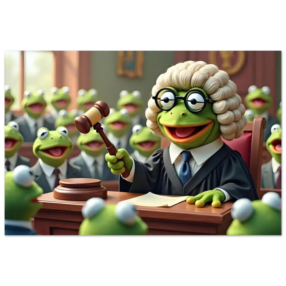 Frog judge holding gavel in courtroom scene from Frog Court Poster PixiOnyx Fine Art