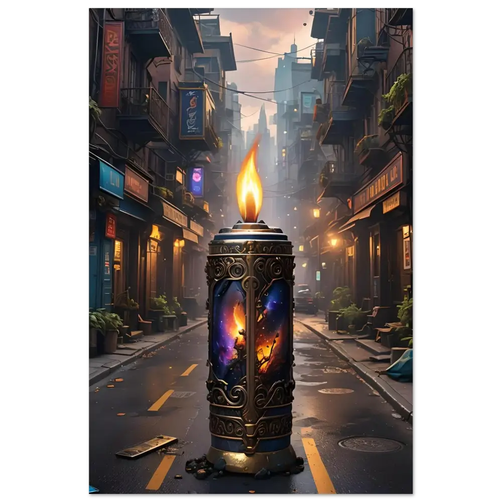 Ornate candle with cosmic imagery on Galactic Flame Metal Print PixiOnyx Exclusive
