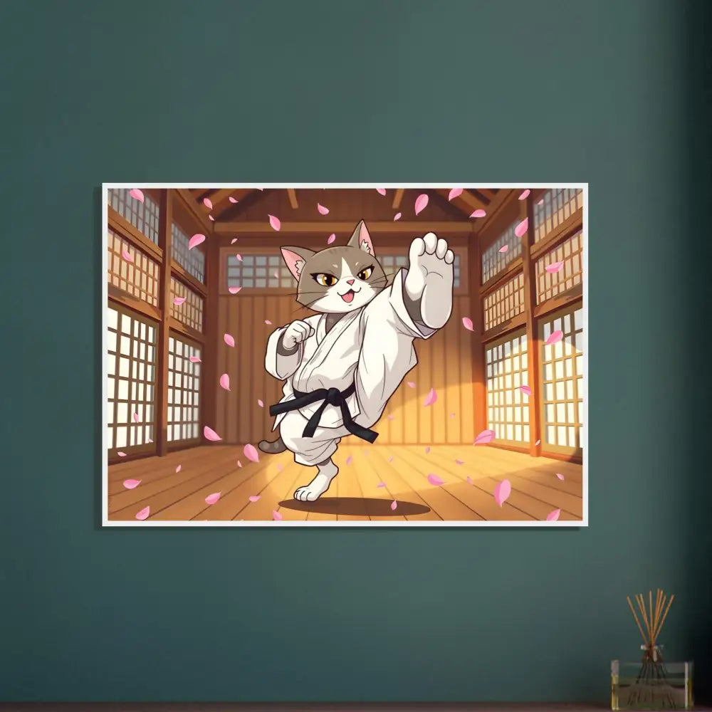 Framed cartoon karate cat poster on premium matte paper featuring Cherry Blossom Showdown