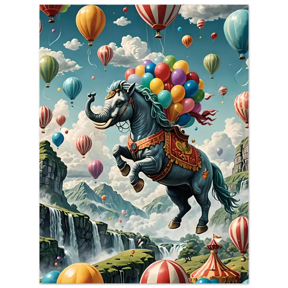 Fantasy horse-elephant hybrid with colorful balloons on Skybound Majesty Aluminum Print