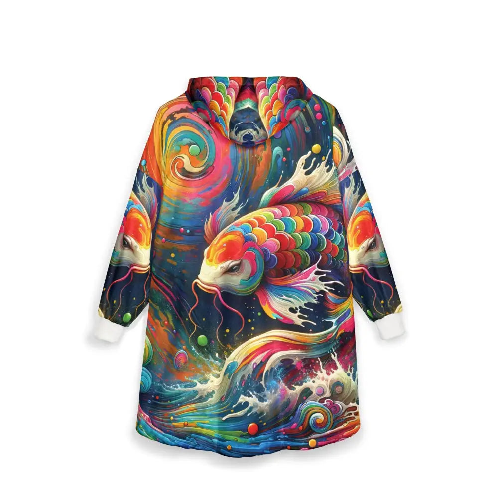 Colorful koi fish hooded blanket from PixiOnyx with vibrant rainbow waveform design