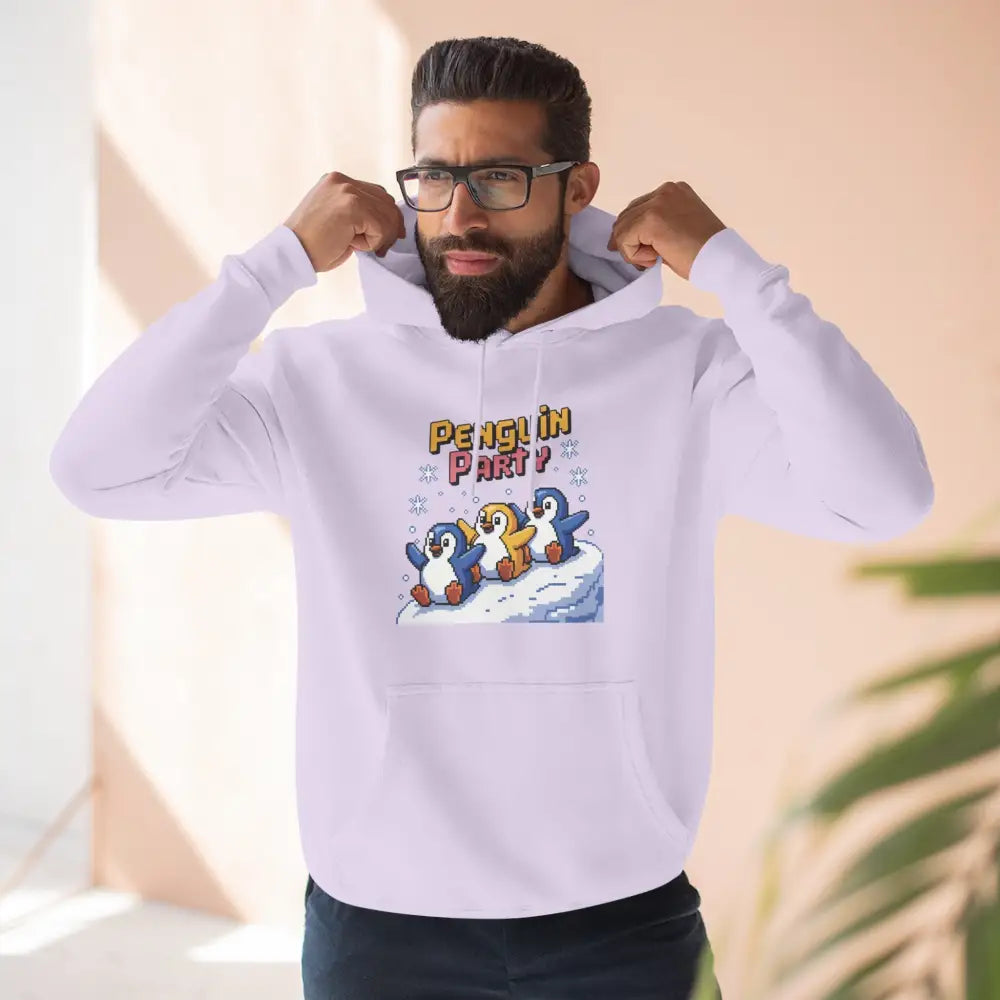 White hooded sweatshirt with Penguin Party graphic in cozy fleece, machine washable for winter fun