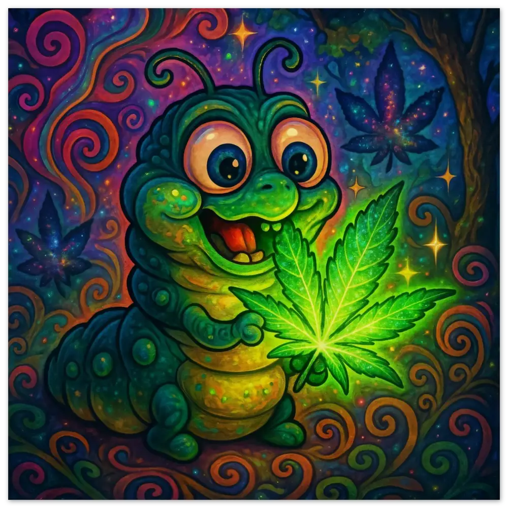 Cartoon caterpillar holding a glowing cannabis leaf on Wood Print Leaf Me Alone Vibe Wall Art