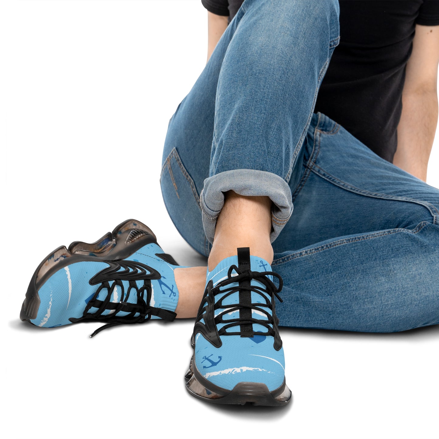 Men's Mesh Sneakers — Light Blue Nautical Anchor Athletic Shoes