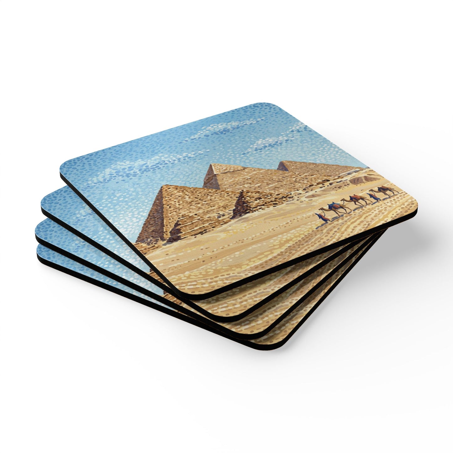 Egypt Pyramid Cork Coaster Set — Desert Camel Caravan Drink Coasters