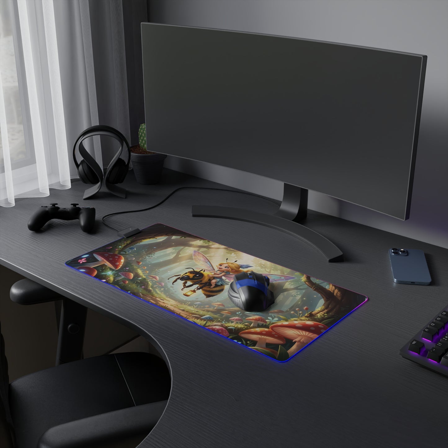 LED gaming mouse pad with fairy-themed RGB lighting on desk, under monitor and keyboard.