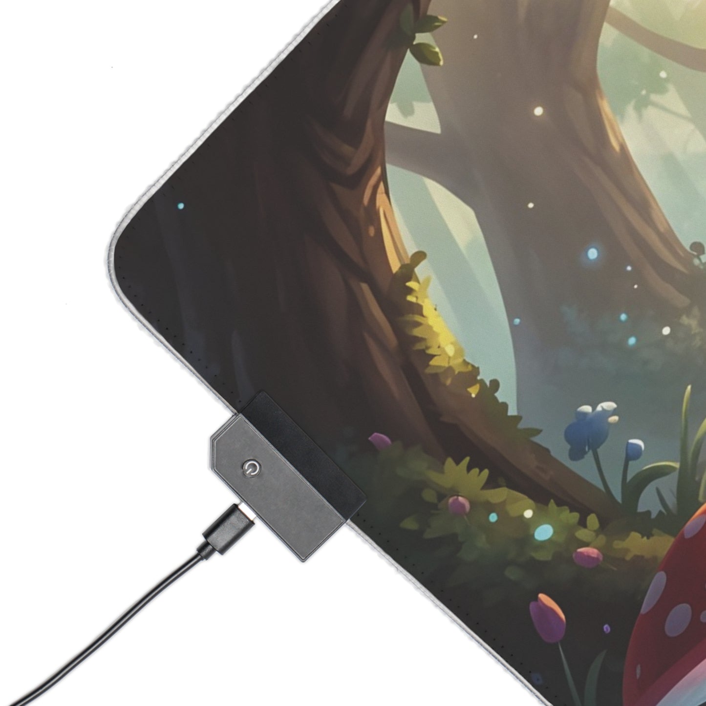 Rectangular LED gaming mouse pad with fairy bee forest artwork and RGB-lit edge lighting.