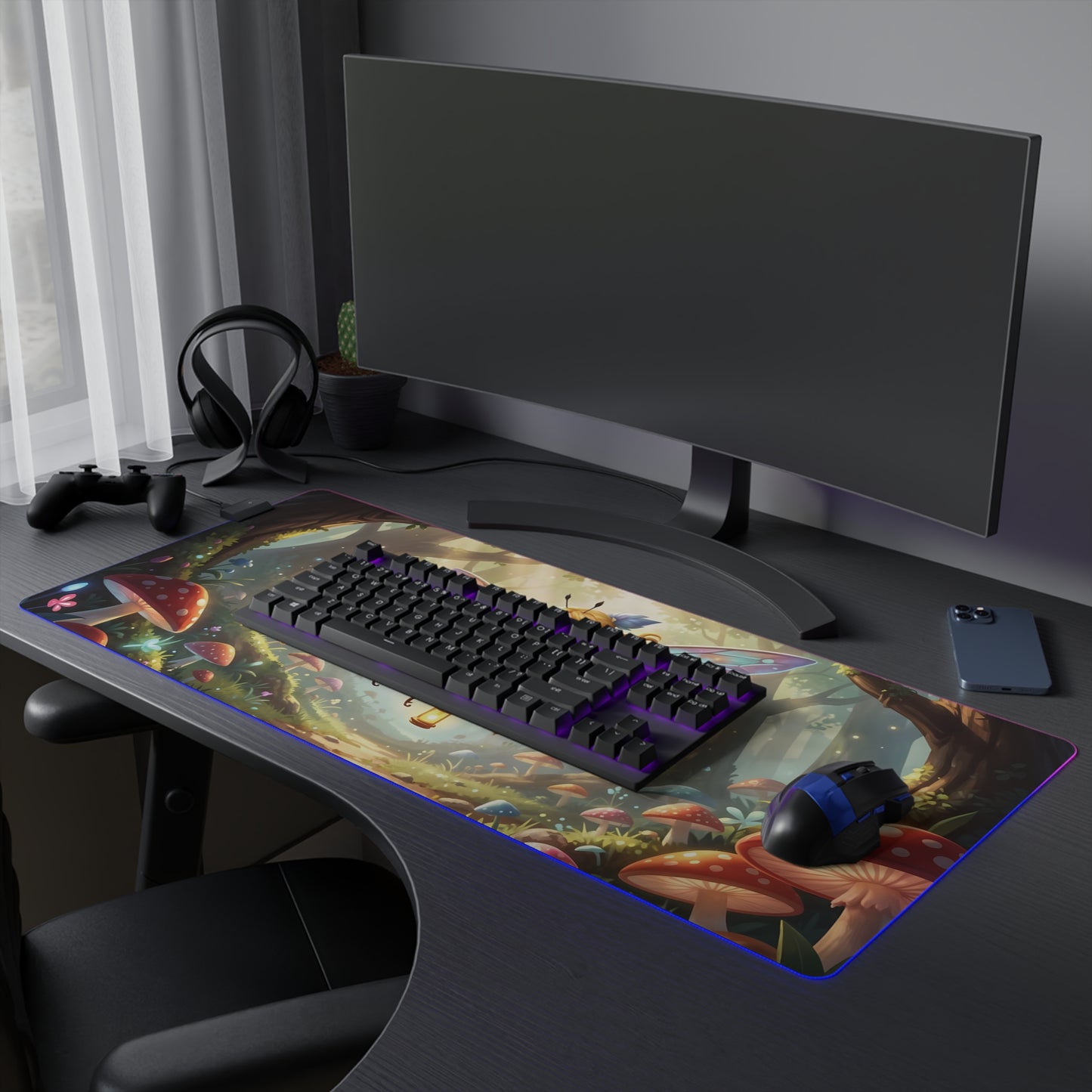 Gaming desk setup with RGB LED mouse pad featuring fairy bee forest artwork
