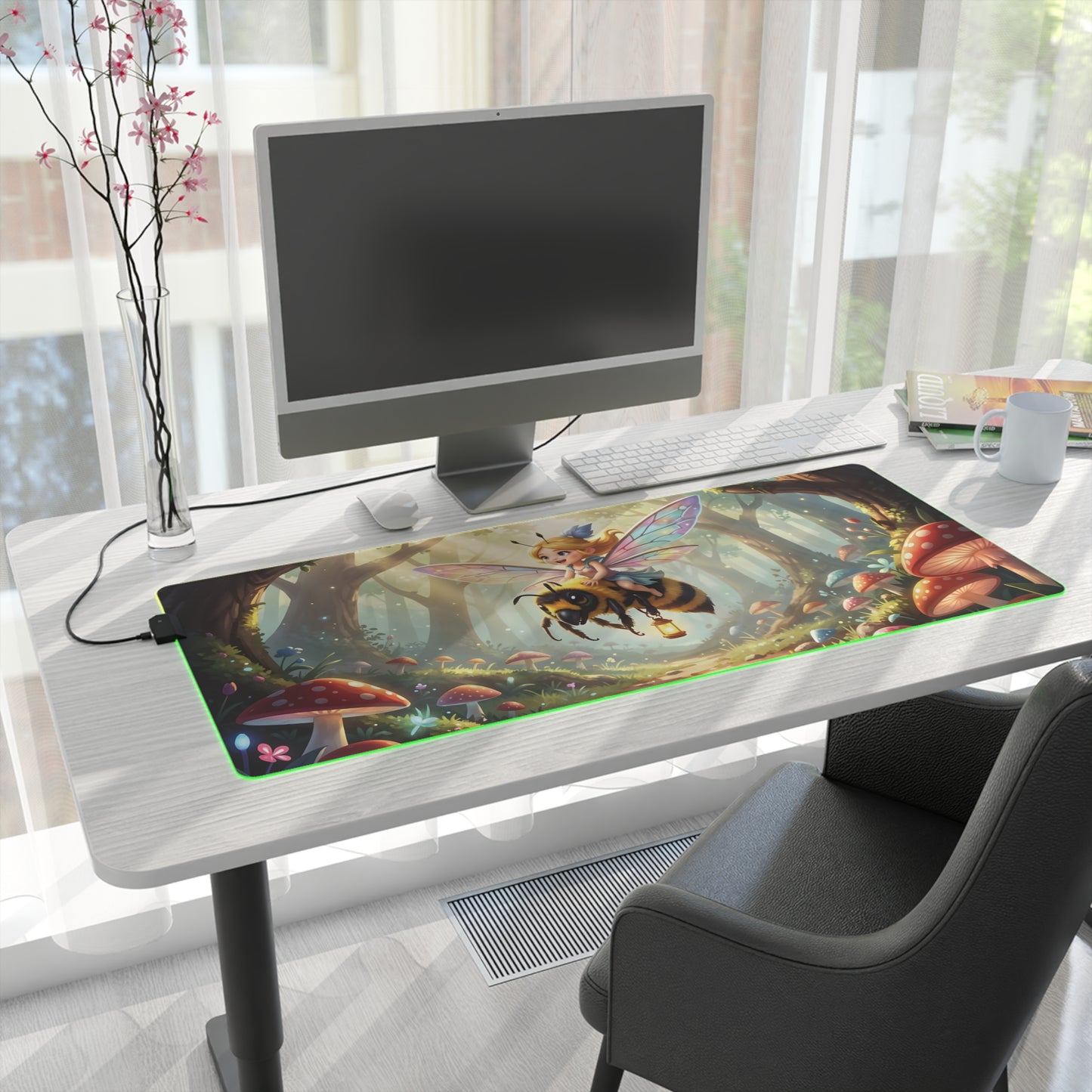 LED gaming mouse pad with fairy bee forest graphic on a white desk