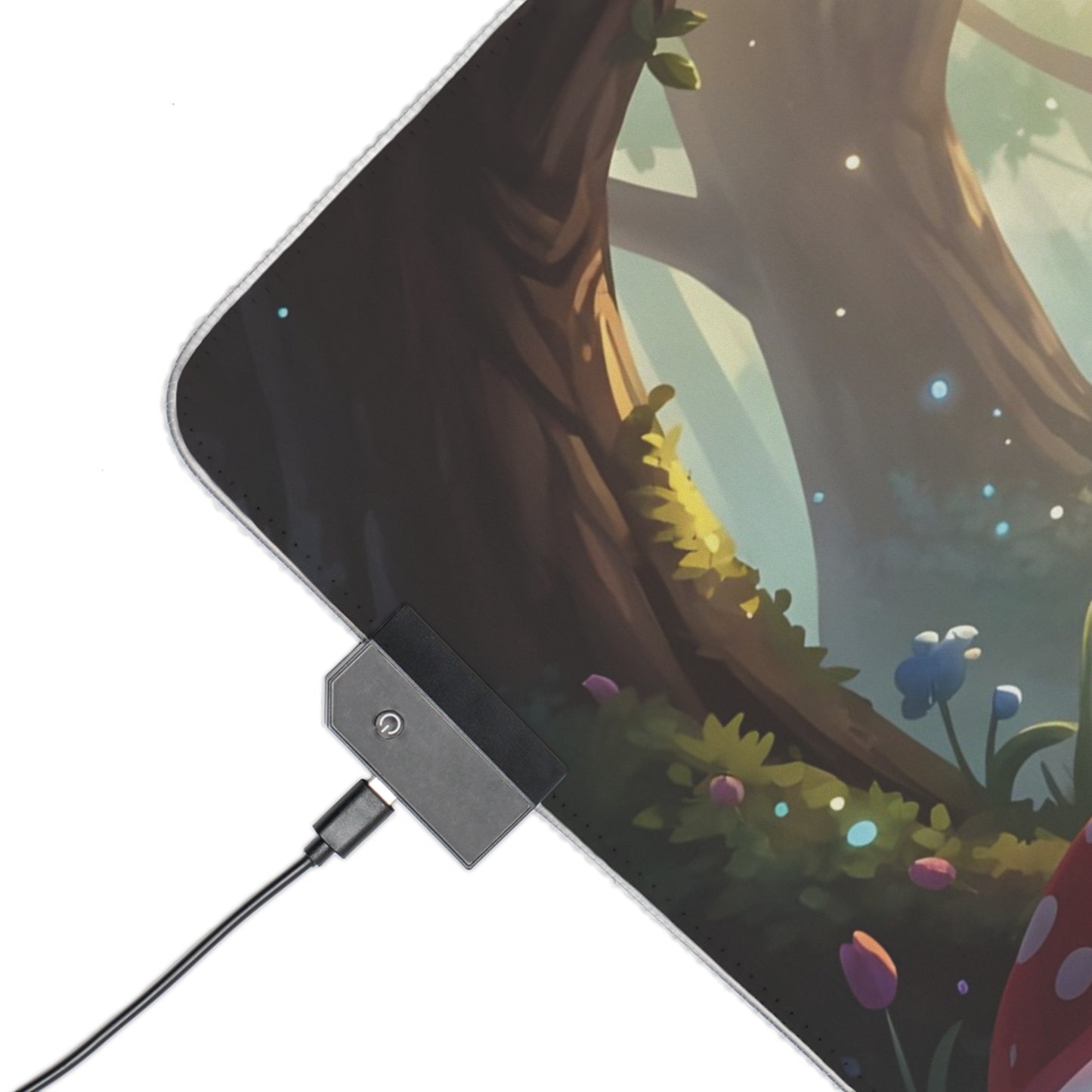 Rectangular LED gaming mouse pad with fairy bee forest artwork and RGB-lit corner edge.