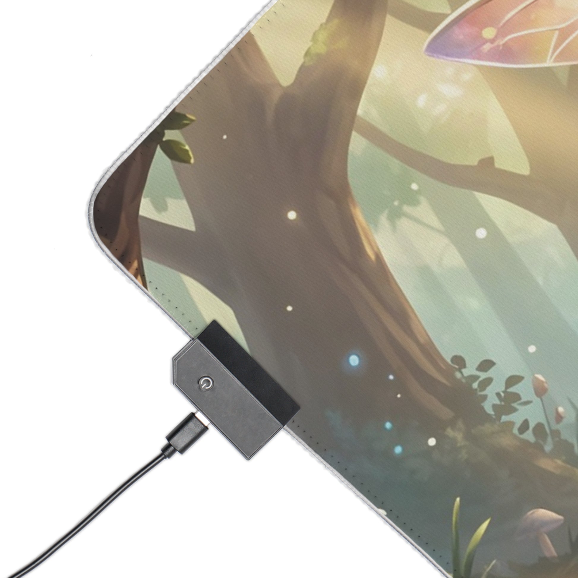 Mouse pad corner with fabric edge and attached LED controller module
