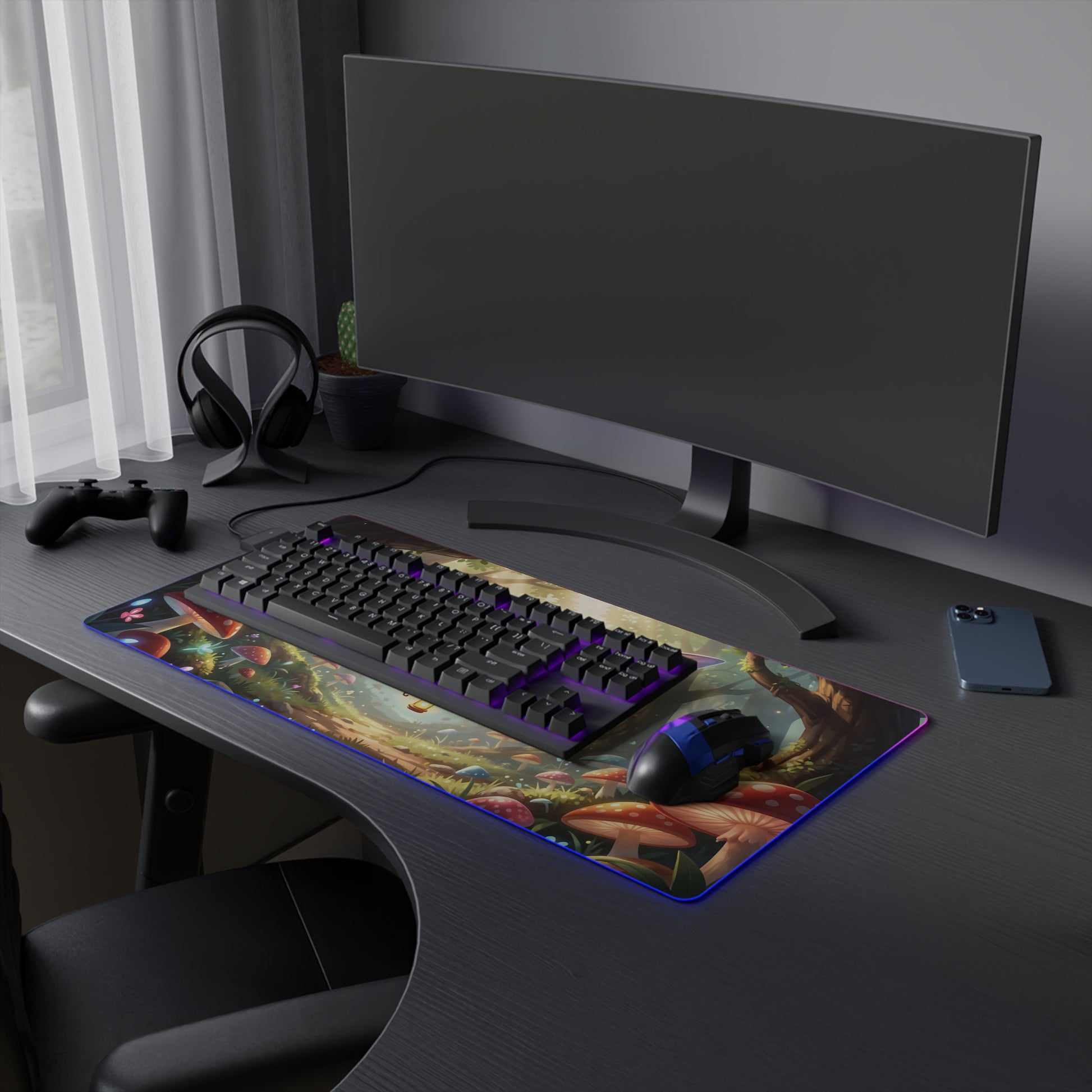LED gaming mouse pad with fairy bee forest artwork and blue RGB border beside keyboard.