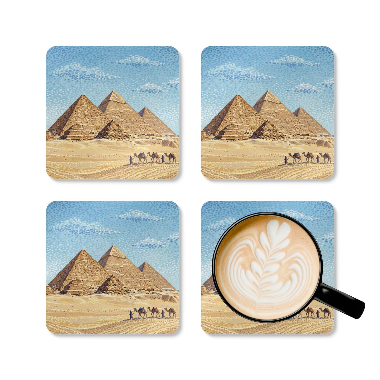 Egypt Pyramid Cork Coaster Set — Desert Camel Caravan Drink Coasters