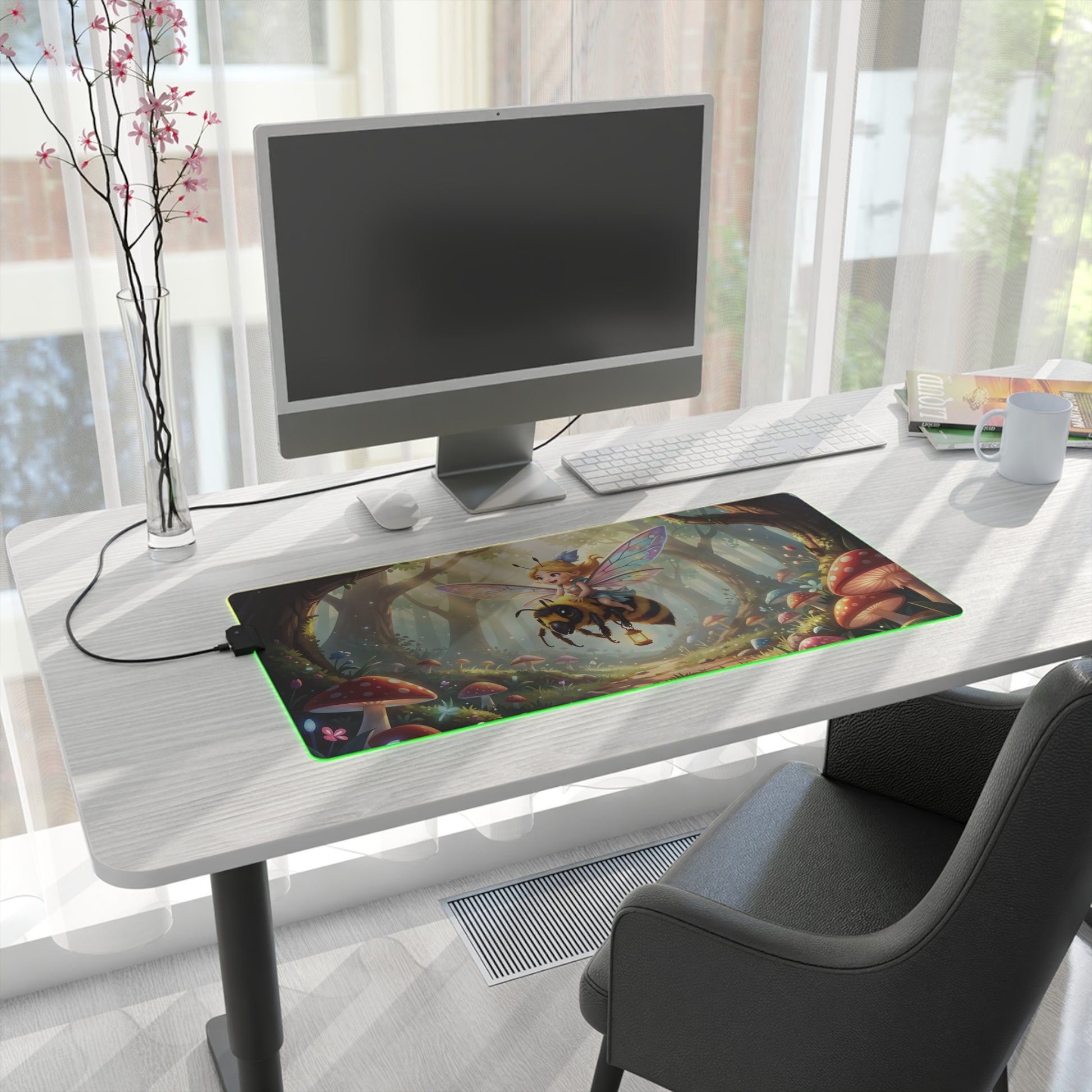 Rectangle RGB gaming desk mat with colorful fantasy animal artwork and green edge