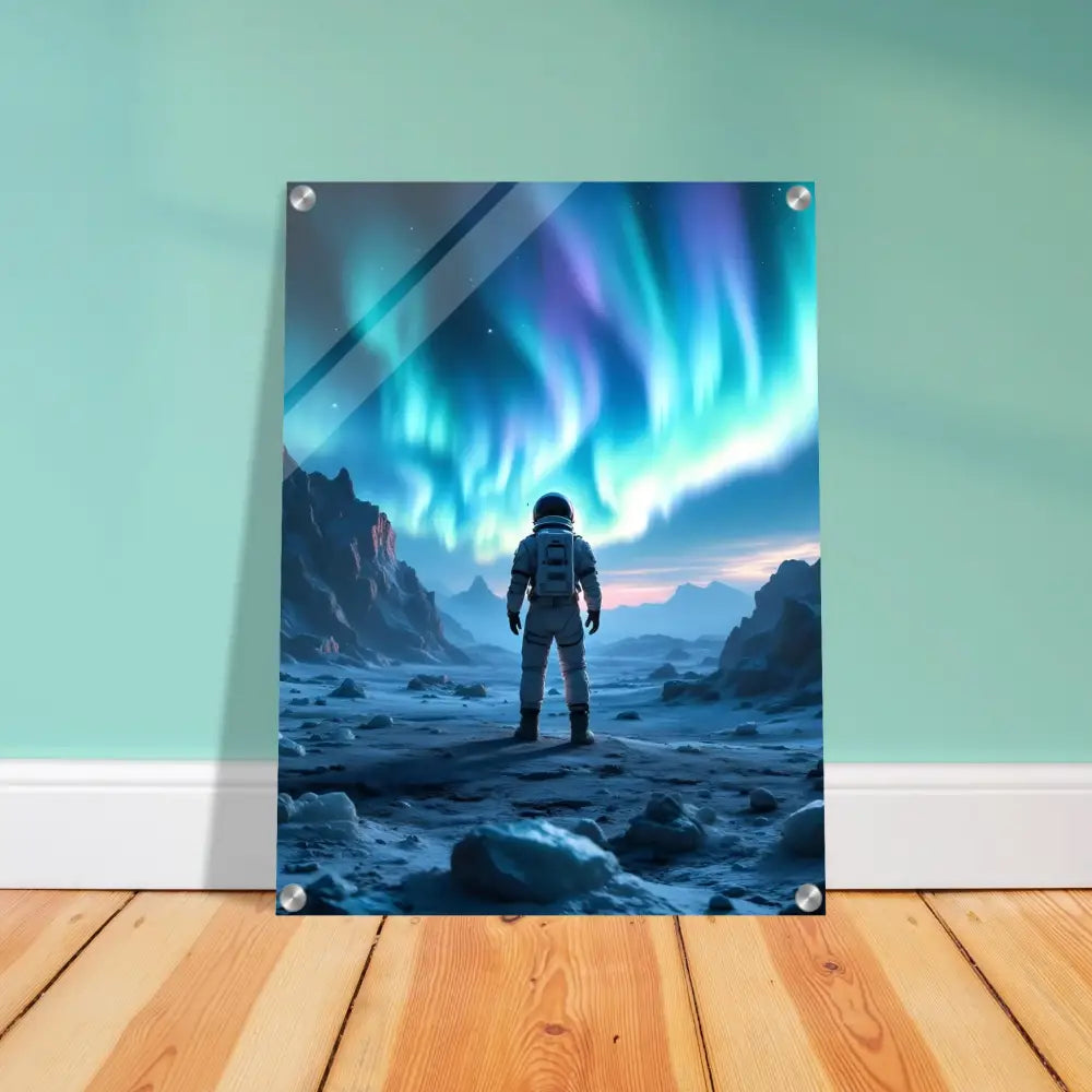 Acrylic print of astronaut under Aurora for PixiOnyx Lucid Ice Edition display