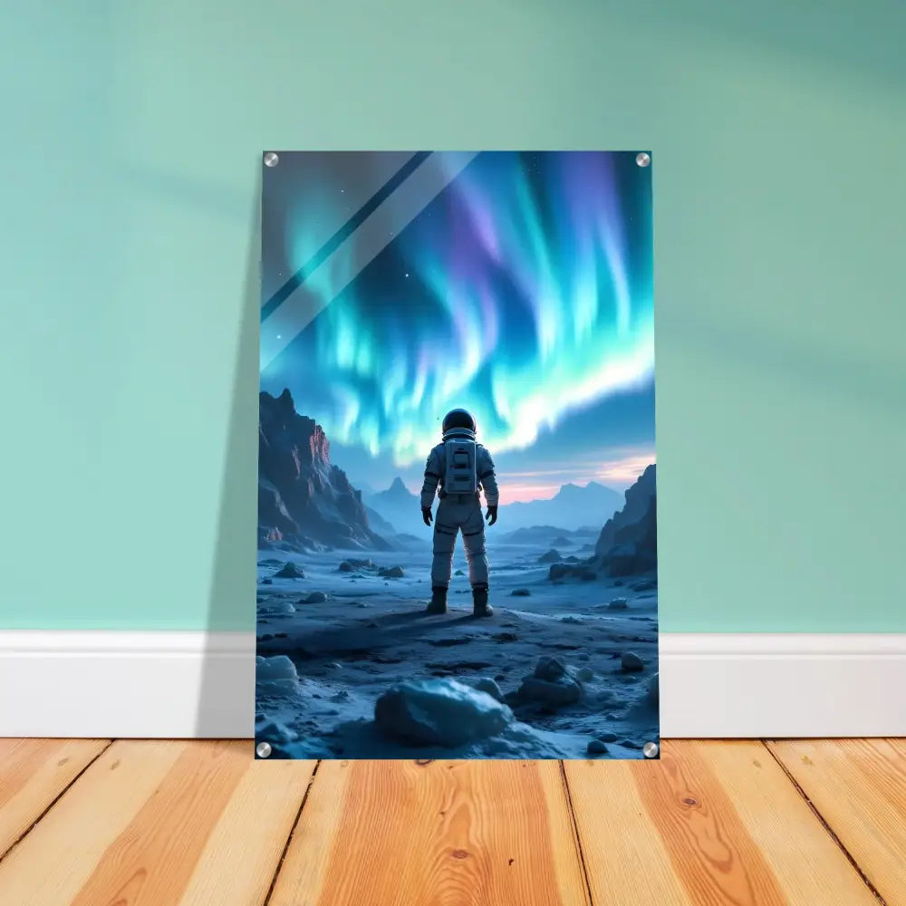 Acrylic print of an astronaut under Aurora Borealis atmospheric display