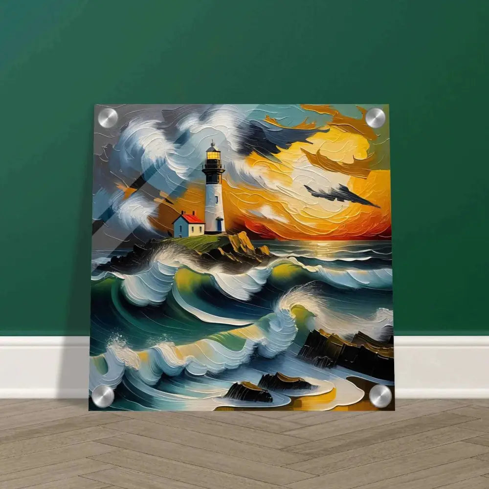 Crystal-clear acrylic elevates vibrant wild ocean scene with lighthouse and burning sky glows