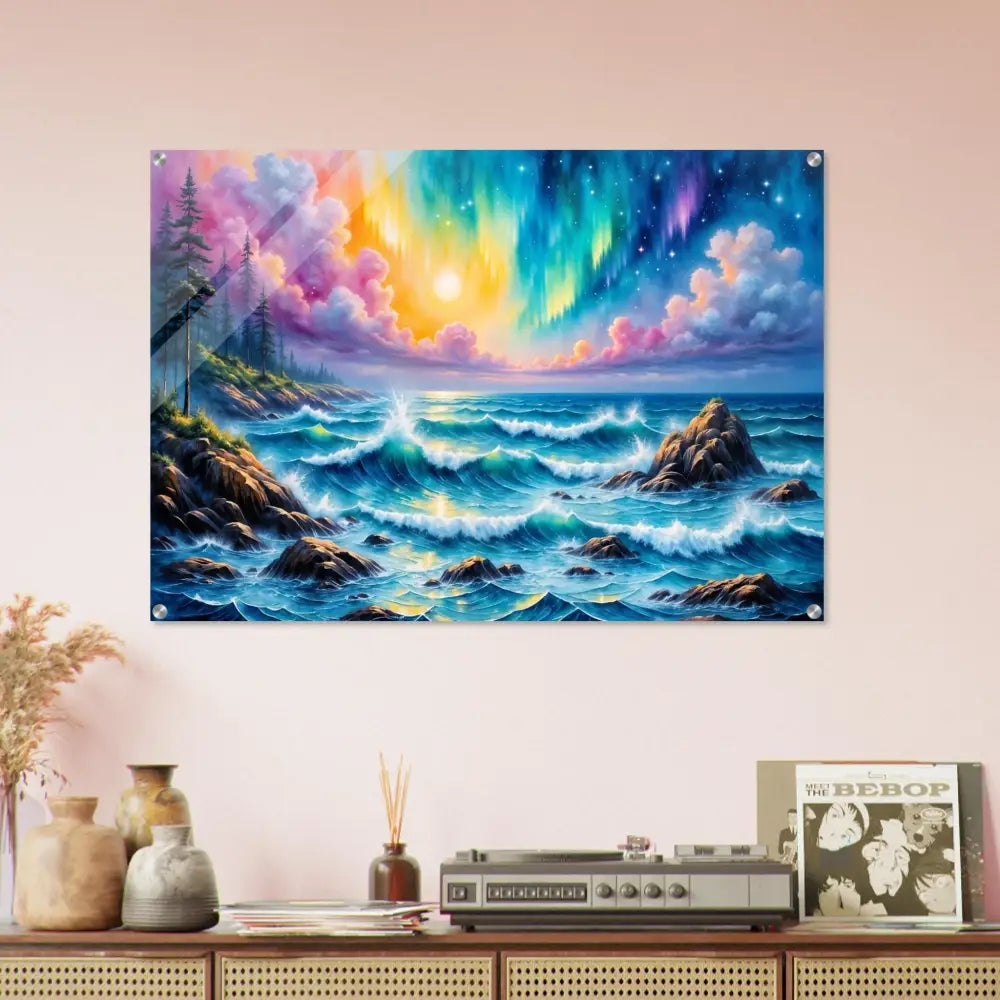 Acrylic Print Celestial Tide with vibrant ocean scene, northern lights, and sunset
