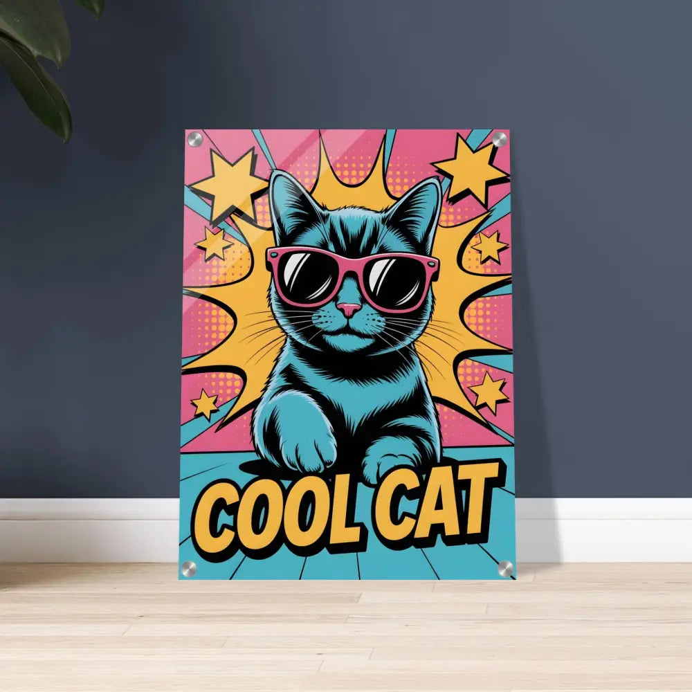 Pop art style acrylic print featuring a blue cat with pink sunglasses, enhanced light reflection