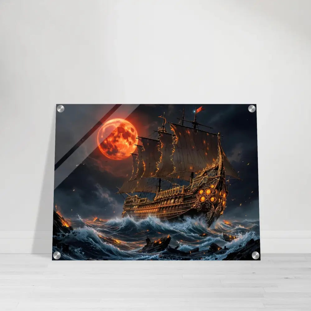 Acrylic print magnifies a fantastical ship scene with glowing lights under a blood moon armada