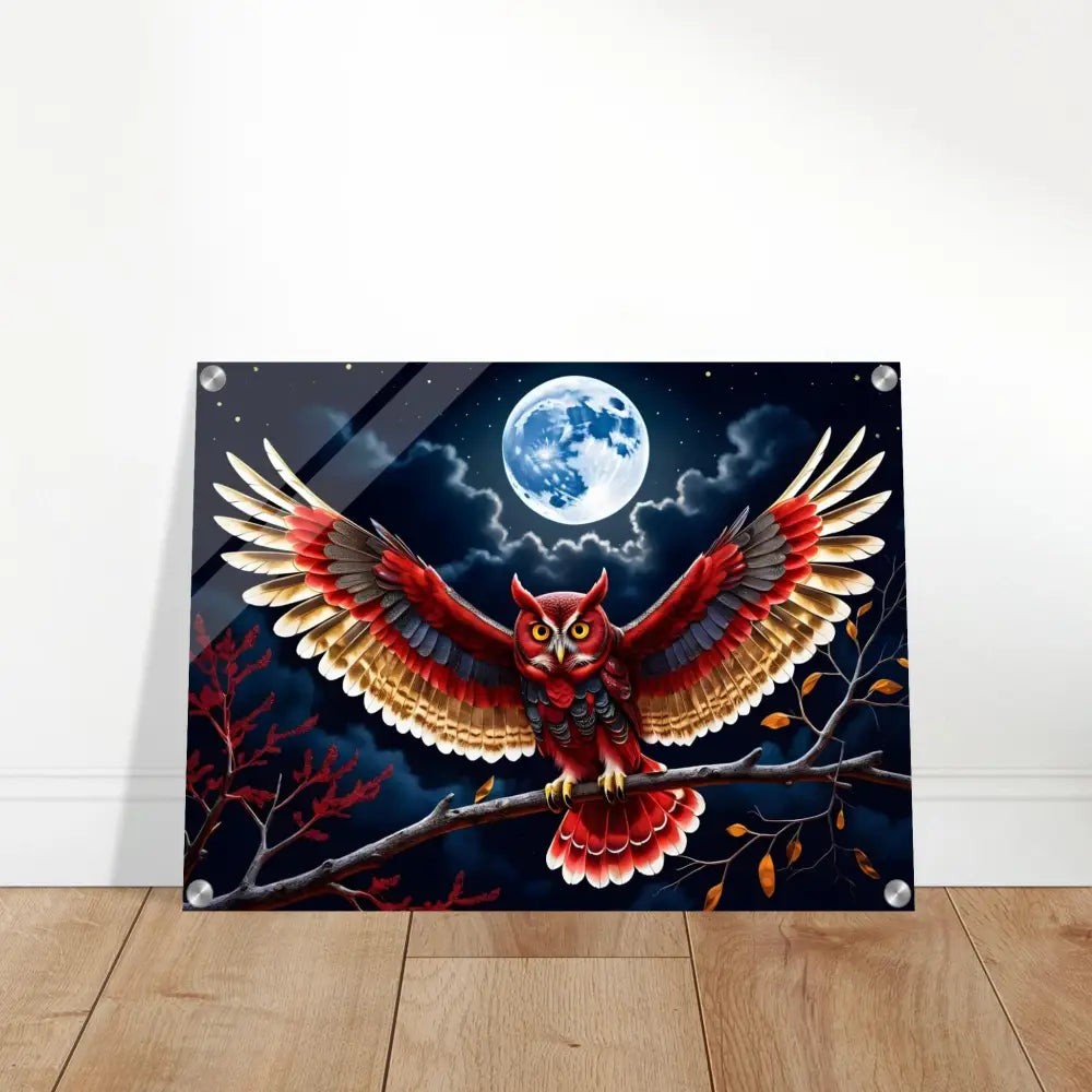 Owl art print displayed on Acrylic Print – Crimson Wings Unfurled by PixiOnyx Celestial Luxe
