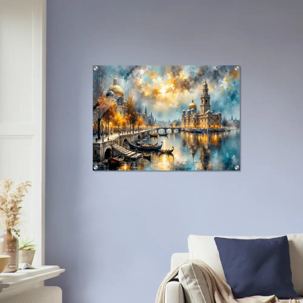 Vibrant masterpiece bursts of European city dusk scene with river bridges and illuminated buildings, featuring a depth-enhancing finish and floating mount hardware