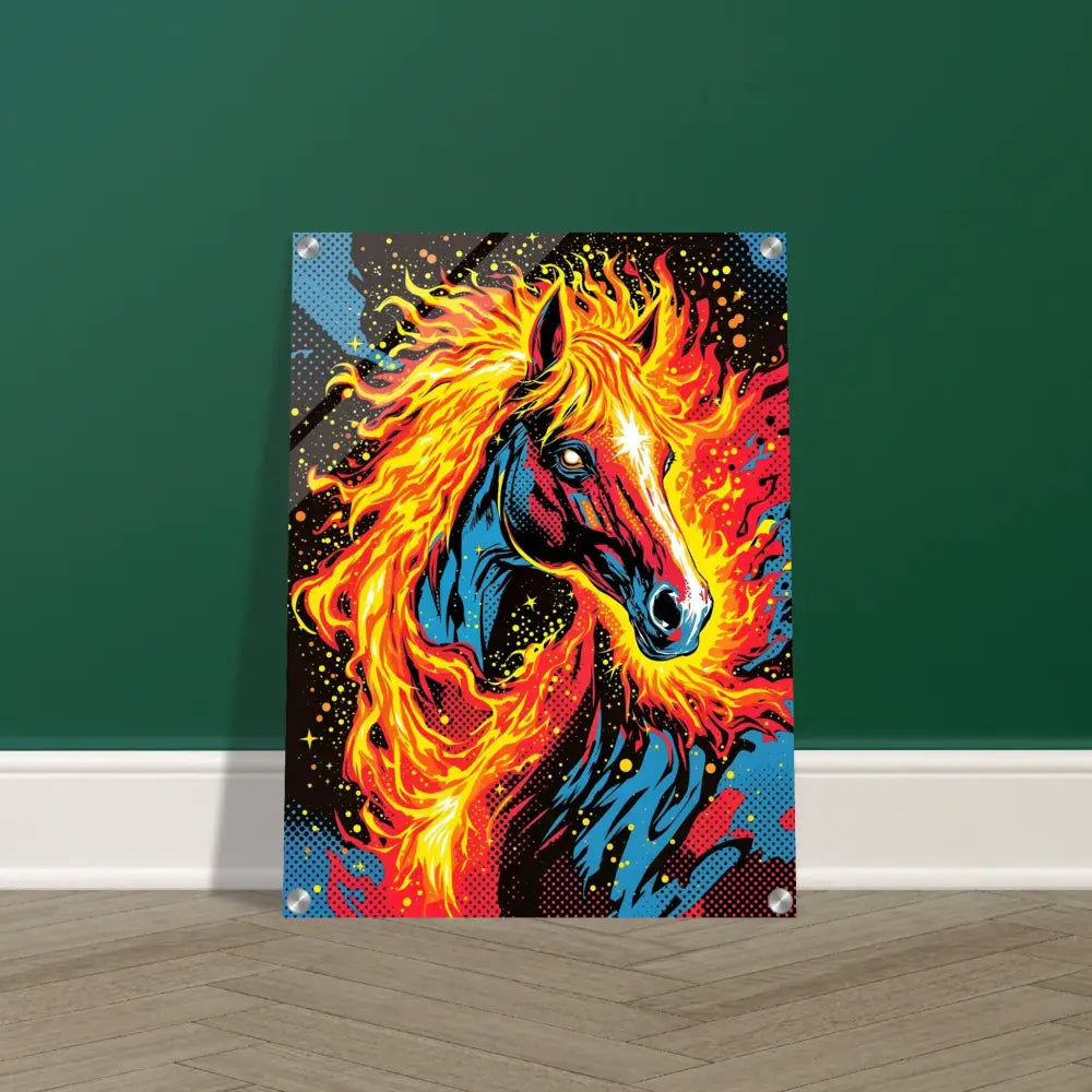 Cosmic horse ablaze acrylic print with fiery mane on PixiOnyx Luxe Display shimmering acrylic transforms