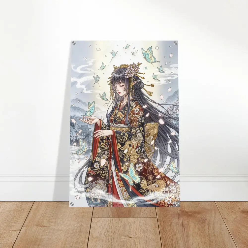 Acrylic print of ethereal kimono maiden with butterflies, polished acrylic glass, modern standoff bolts