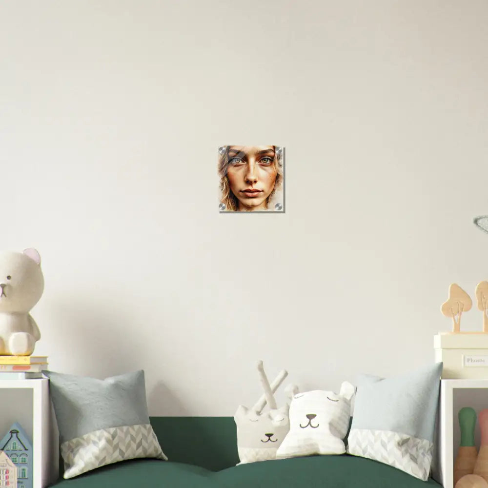 Square acrylic print of woman’s face on clear acrylic glass with photo paper mounted
