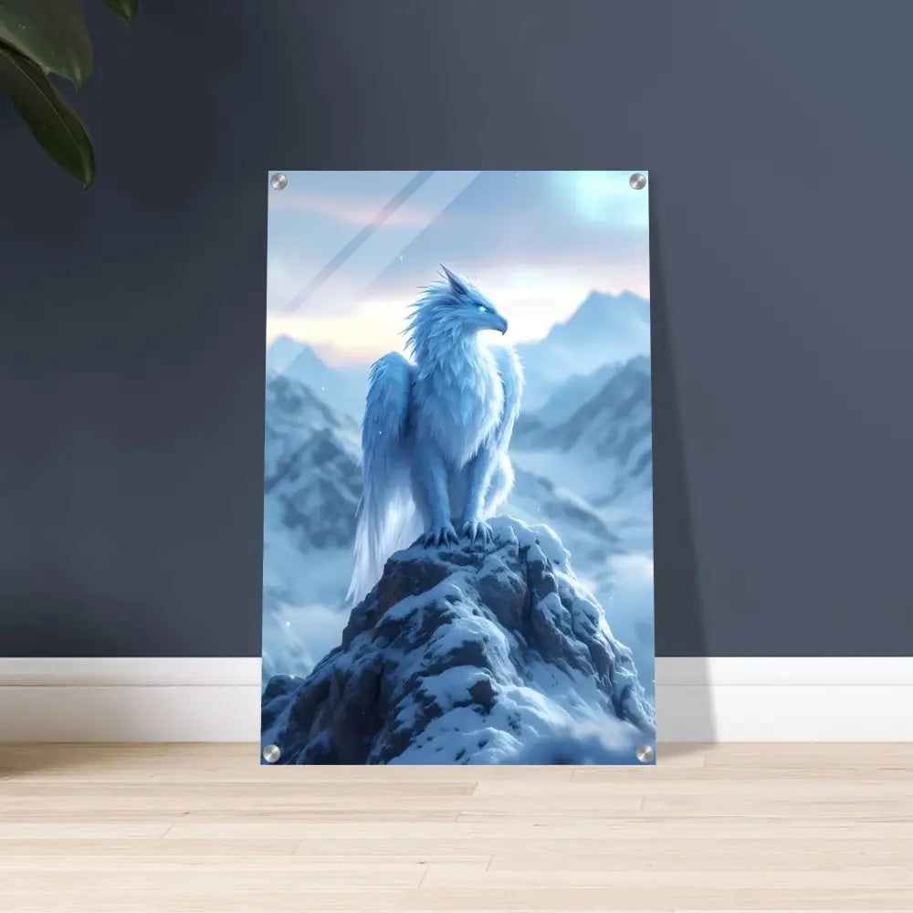 Framed fantasy dragon artwork displayed on Acrylic Print Frostpeak Gryphon PixiOnyx Fantasy Display