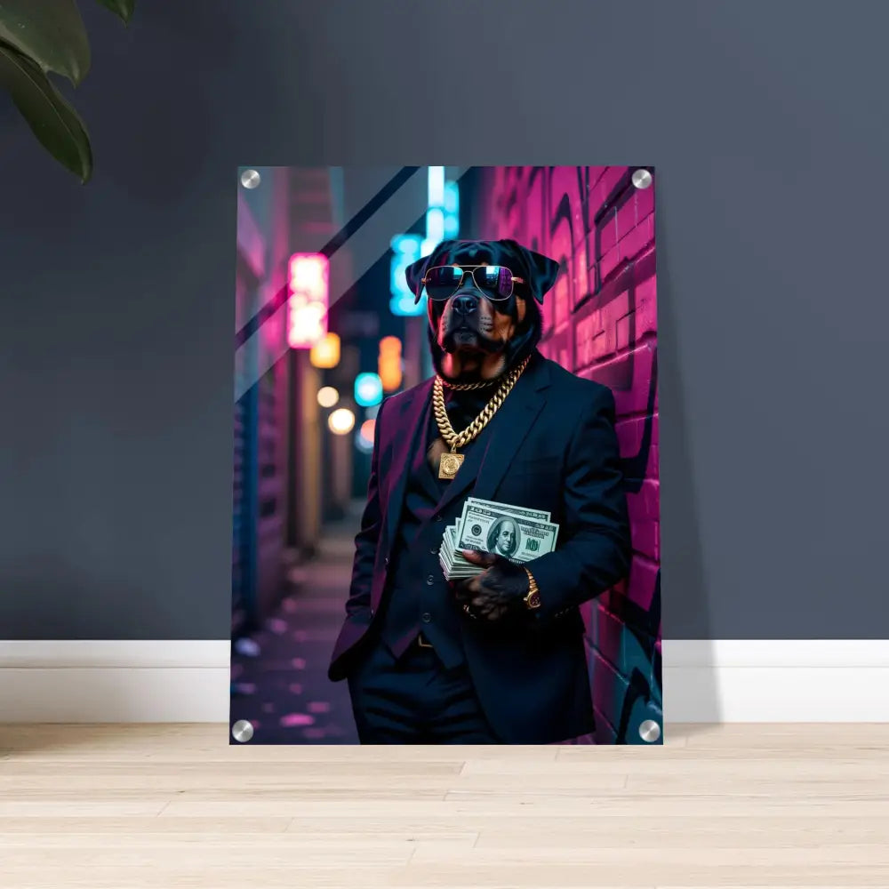 Rottweiler in suit holding money art print for Acrylic Print Kingpin K9 PixiOnyx Neon