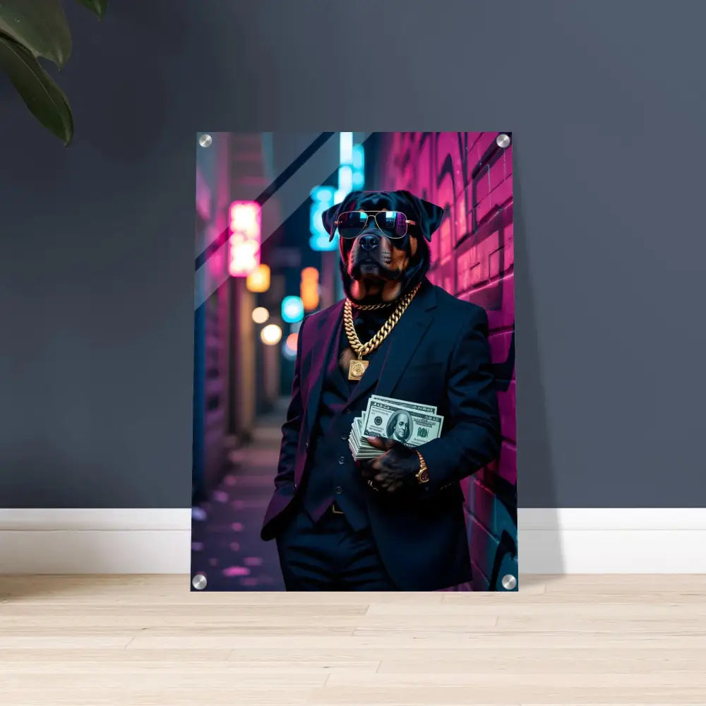 Rottweiler dog in suit with money Acrylic Print Kingpin K9 PixiOnyx Neon Precision