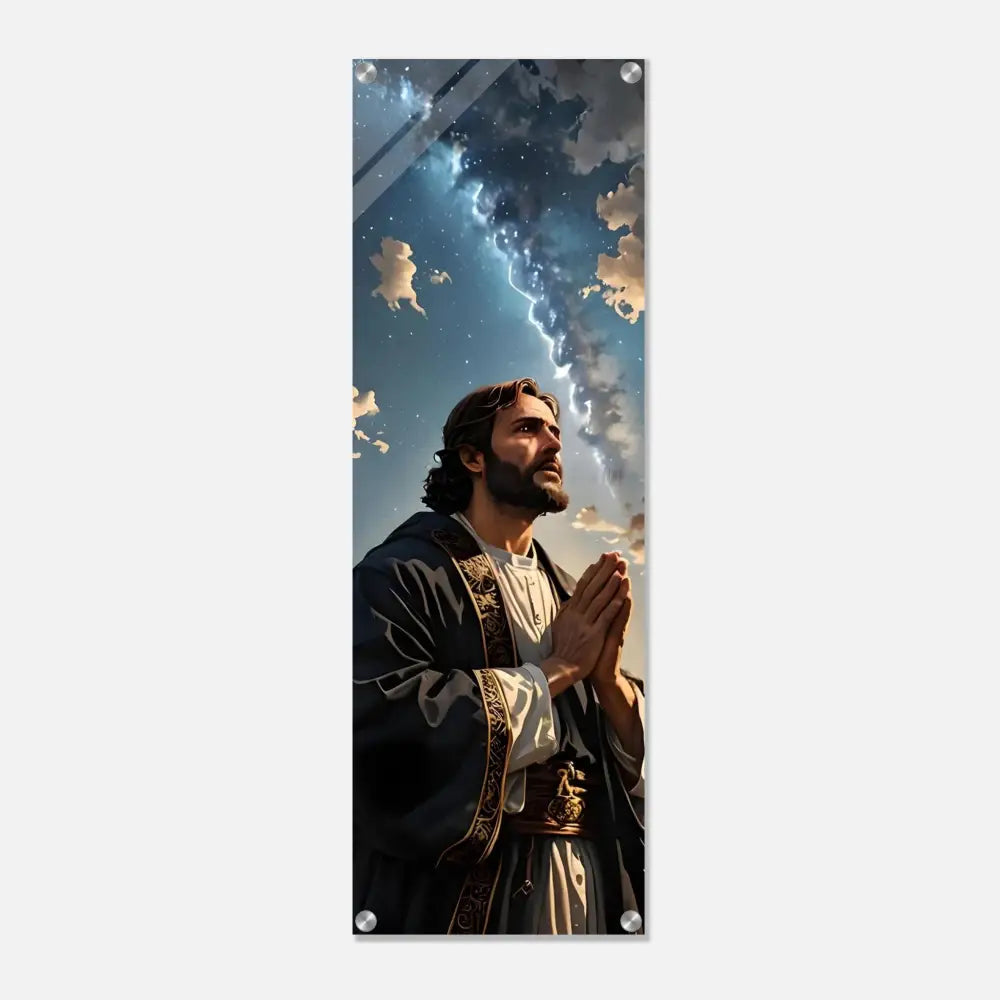 Religious figure praying against a celestial backdrop in Acrylic Print Prayer to the Cosmos