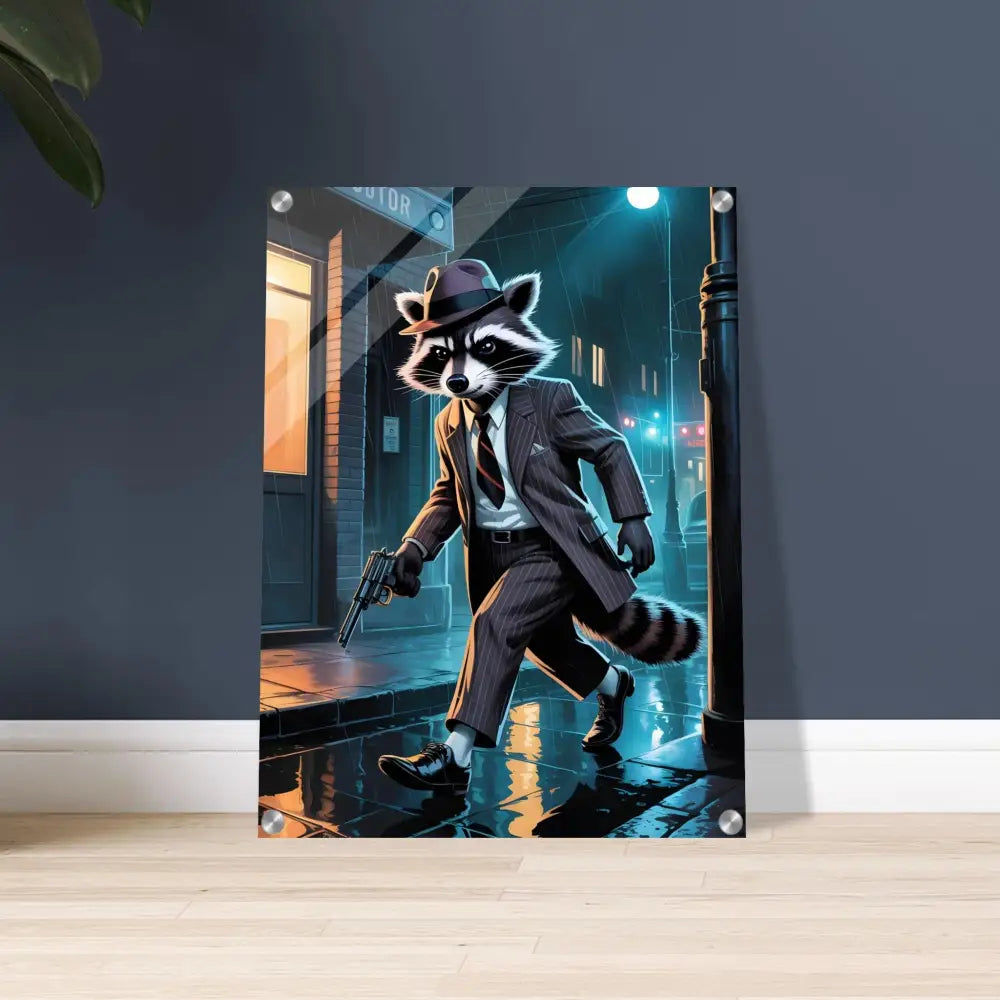Raccoon gangster art print on acrylic titled Rogue Raccoon Noir Alley Swagger by PixiOnyx