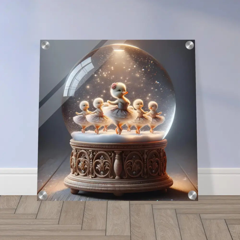 Duckling ballerina snow globe featuring whimsical winter scene in Acrylic Print PixiOnyx
