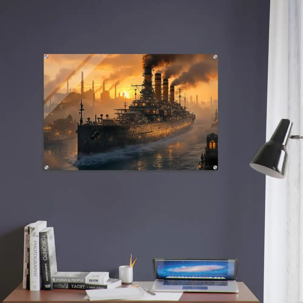Steampunk battleship Steel Leviathan acrylic print with PixiOnyx Crystalcore Illumination