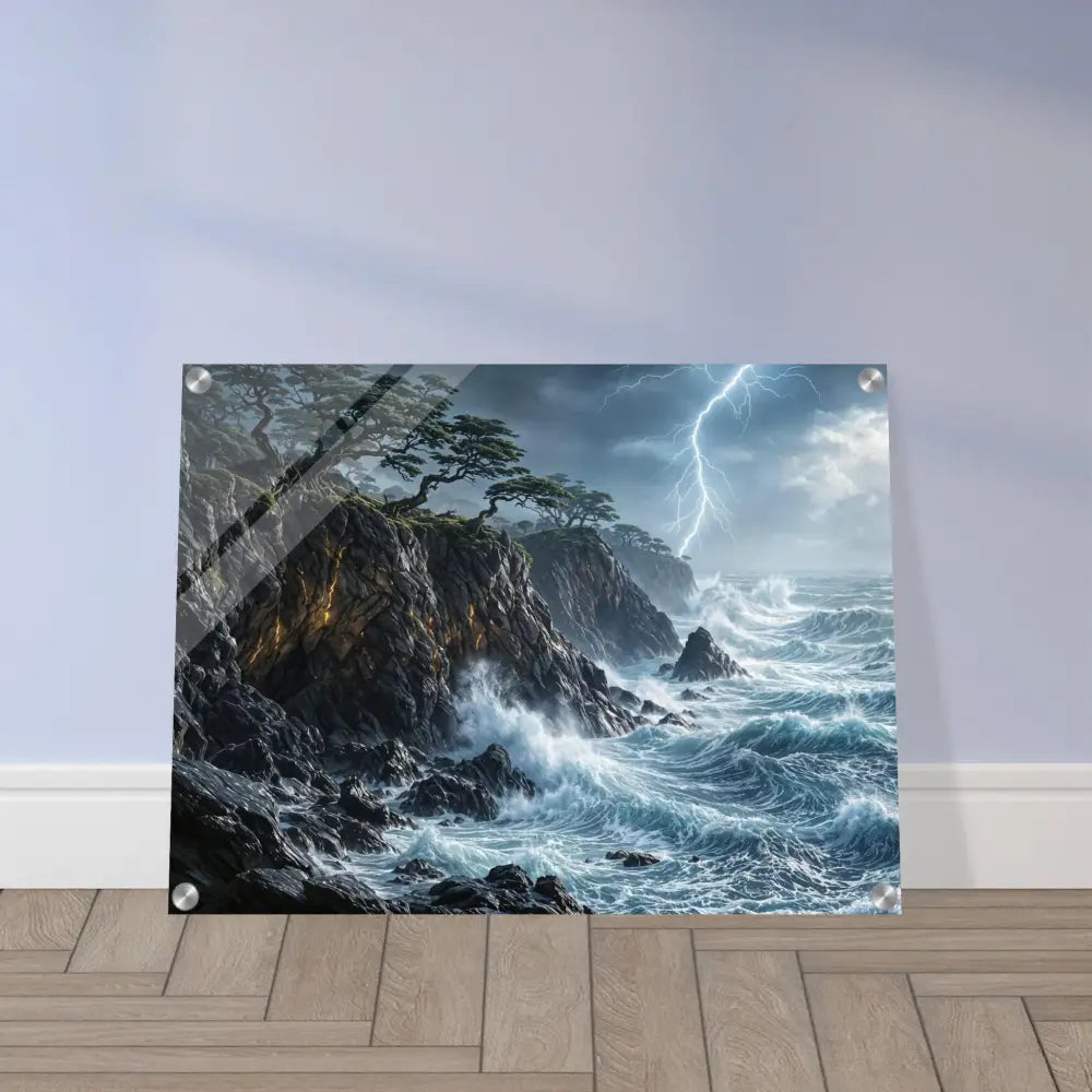 Acrylic print offers vibrant stormy ocean scene with cliffs and lightning PixiOnyx crystal depth
