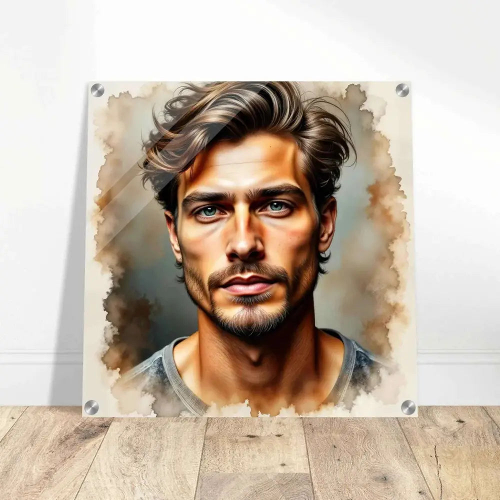 Square acrylic print of a man’s portrait with watercolor background in Stormworn Resolve style